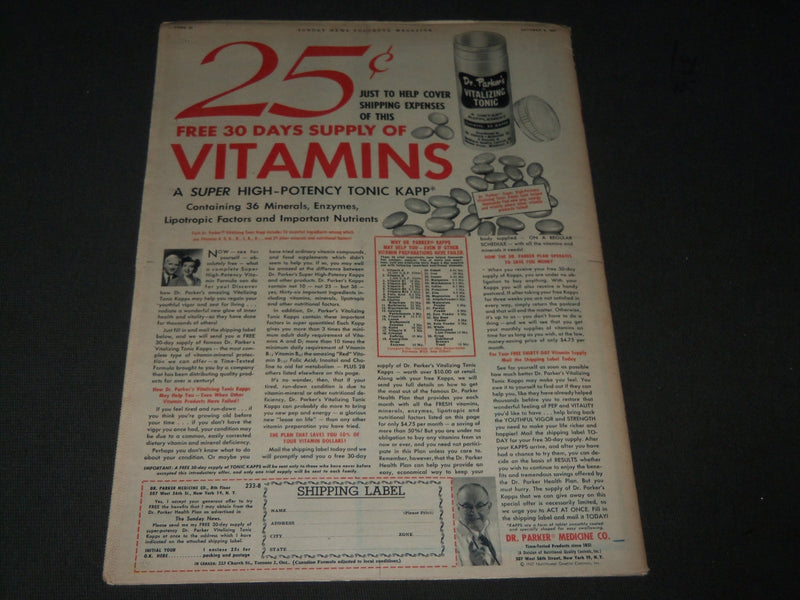 1957 OCTOBER 6 SUNDAY NEWS COLOROTO MAGAZINE SECTION - TAINA ELG COVER - J 2860