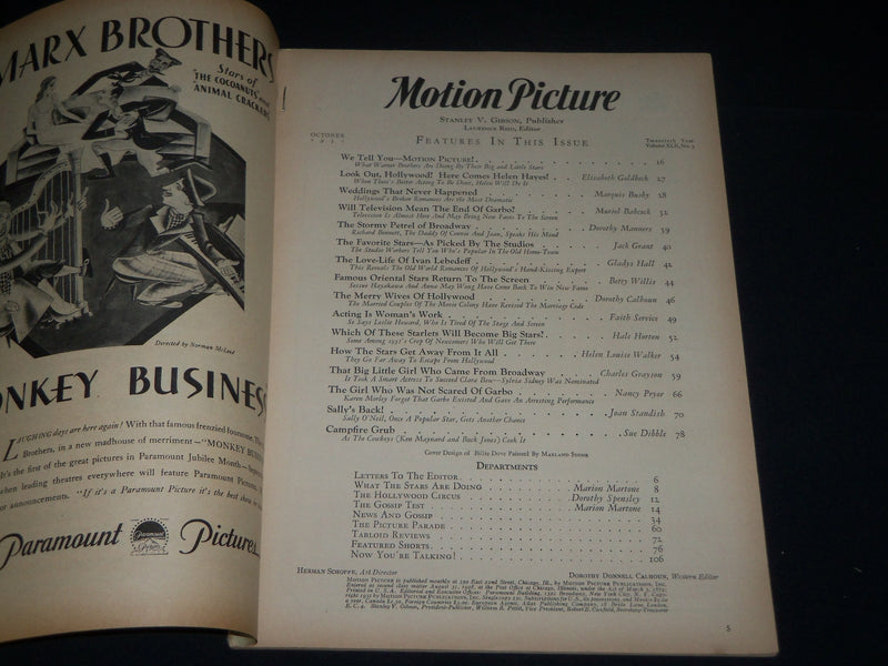 1931 OCTOBER MOTION PICTURE MOVIE MAGAZINE - BILLIE DOVE COVER - M 405