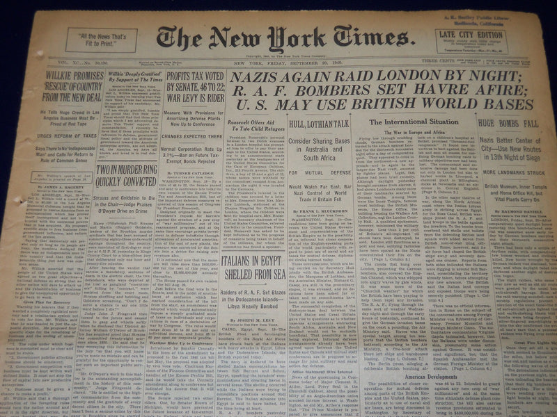 1940 SEPTEMBER 20 NEW YORK TIMES - NAZIS AGAIN RAID LONDON BY NIGHT - NT 180
