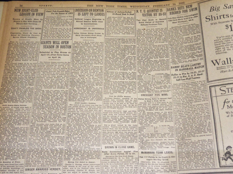 1923 FEBRUARY 14 NEW YORK TIMES - RUHR MOVE DISASTROUS SAYS BONAR LAW - NT 8502