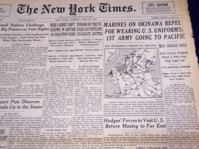 1945 MAY 22 NEW YORK TIMES - MARINES ON OKINAWA REPEL FOE - U. S. - NT 681
