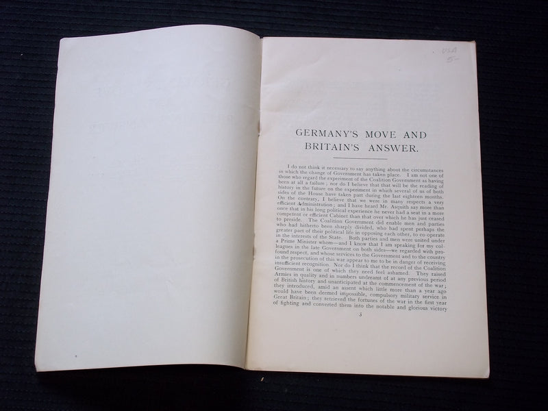 1916 GERMANY'S MOVE AND BRITAIN'S ANSWER SOFTCOVER BOOK BY EARL CURZON - J 7146