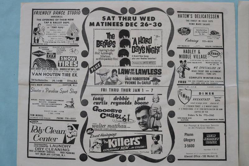 1964 NEW CLIFTON THEATRE PROGRAM-A HARD DAY'S NIGHT-LOT OF 2 -CLIFTON,NJ- K 2535