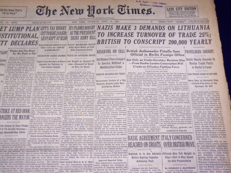 1939 APRIL 27 NEW YORK TIMES - NAZIS MAKE DEMANDS ON LITHUANIA - NT 3044