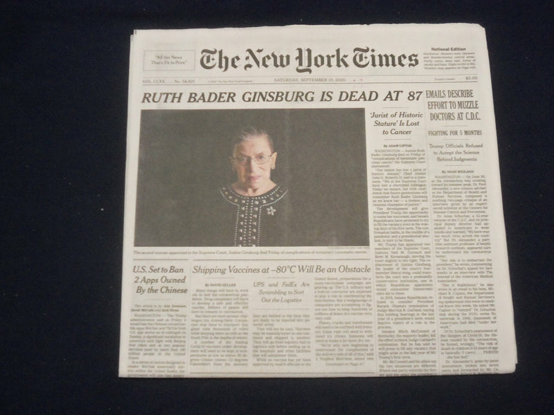 2020 SEPTEMBER 19 NEW YORK TIMES - RUTH BADER GINSBURG DIED 1933-2020
