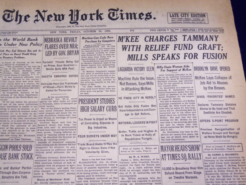 1933 OCTOBER 20 NEW YORK TIMES - LA GUARDIA VICTORY SEEN - NT 4604