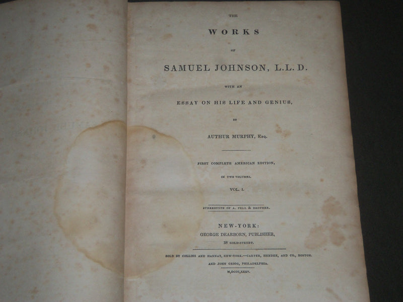 1835 THE WORKS OF SAMUEL JOHNSON IN 2 VOLUMES BY AUTHUR MURPHY - KD 4341