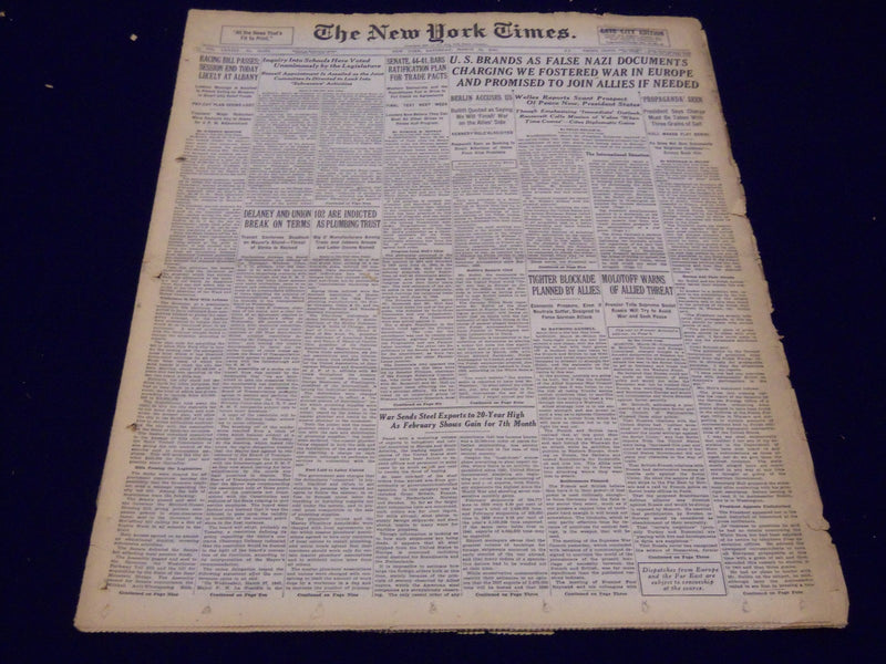1940 MAR 30 NEW YORK TIMES NEWSPAPER - U. S. BRANDS FALSE NAZI DOCUMENTS - NT 33