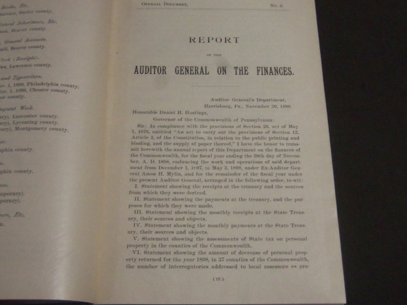 1899 AUDITOR GENERAL FINANCE REPORT OF PENNSYLVANIA FOR 1898 BOOK - KD 4212