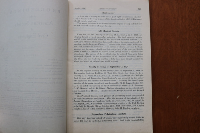 1924 OCTOBER AMERICAN SOCIETY OF CIVIL ENGINEERS PROCEEDINGS- SOFTCOVER - K 3244