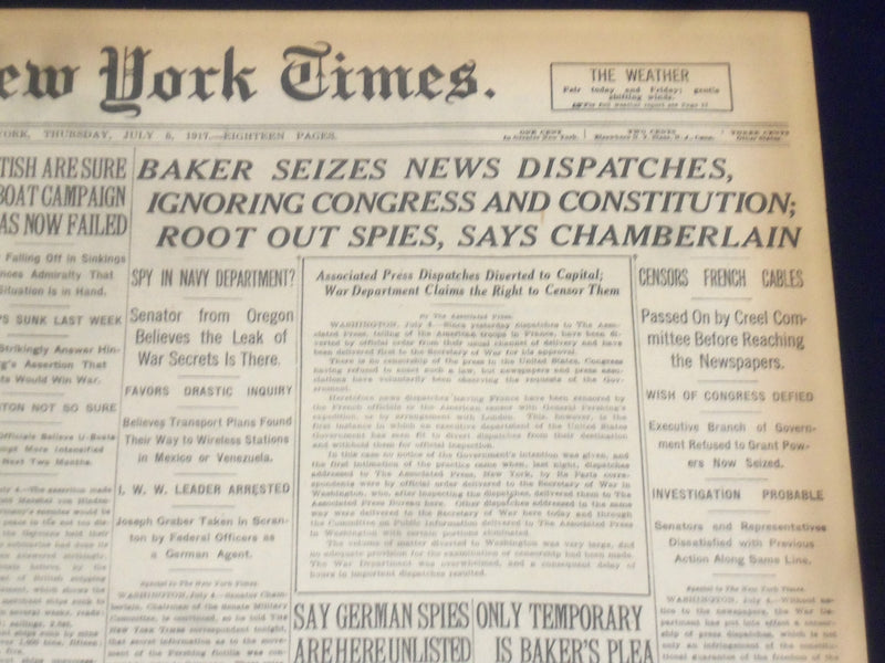 1917 JULY 5 NEW YORK TIMES - BAKER SEIZES NEWS DISPATCHES - NT 9295