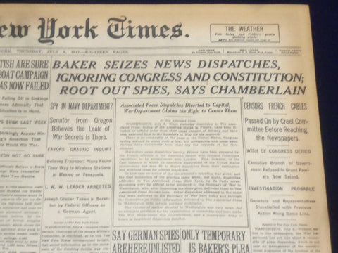 1917 JULY 5 NEW YORK TIMES - BAKER SEIZES NEWS DISPATCHES - NT 9295