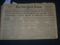 1940 MAY 20 NEW YORK TIMES - FIERCE BATTLE OF TANKS RAGES ST. QUENTIN - NP 3611