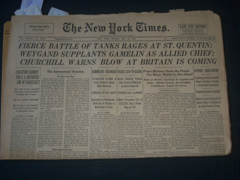1940 MAY 20 NEW YORK TIMES - FIERCE BATTLE OF TANKS RAGES ST. QUENTIN - NP 3611