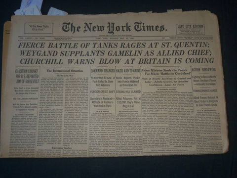 1940 MAY 20 NEW YORK TIMES - FIERCE BATTLE OF TANKS RAGES ST. QUENTIN - NP 3611