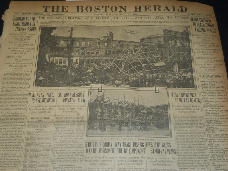 1906 JULY 24 THE BOSTON HERALD - AMSDEN BUILDING COLLAPSES IN FRAMINGHAM - BH 80