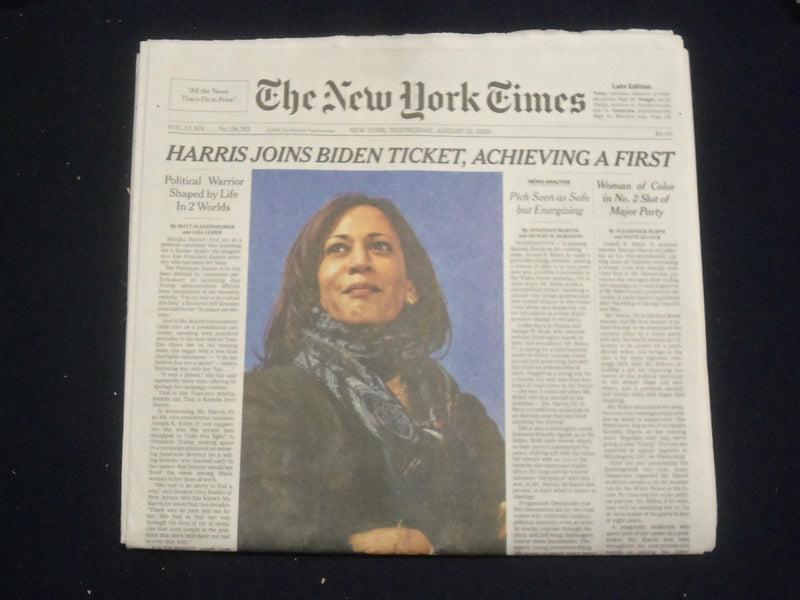 2020 AUGUST 12 NEW YORK TIMES - KAMALA HARRIS NAMED VICE PRESIDENTIAL CANDIDATE