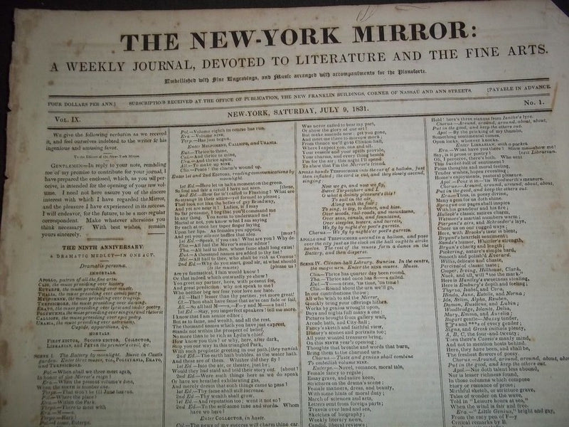 1831 THE NEW-YORK MIRROR NEWSPAPER LOT OF 20 - VOL IX - SHEET MUSIC+ - NP 1491