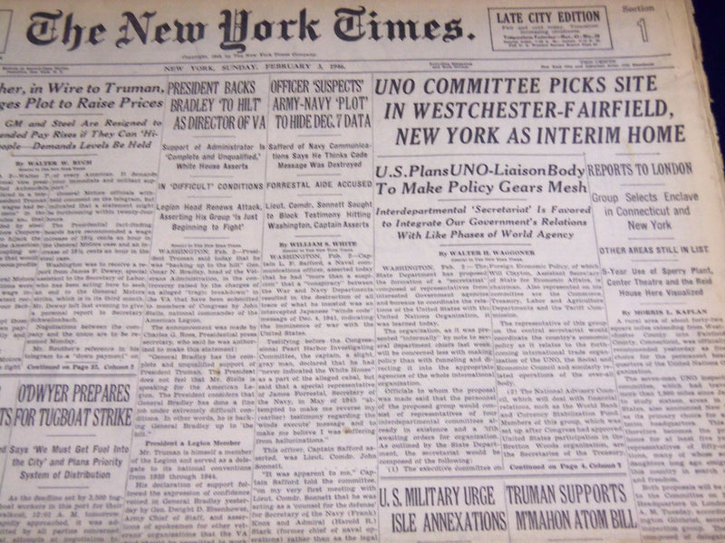1946 FEB 3 NEW YORK TIMES - UNO COMMITTEE PICKS SITE IN WESTCHESTER - NT 2308