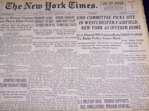 1946 FEB 3 NEW YORK TIMES - UNO COMMITTEE PICKS SITE IN WESTCHESTER - NT 2308