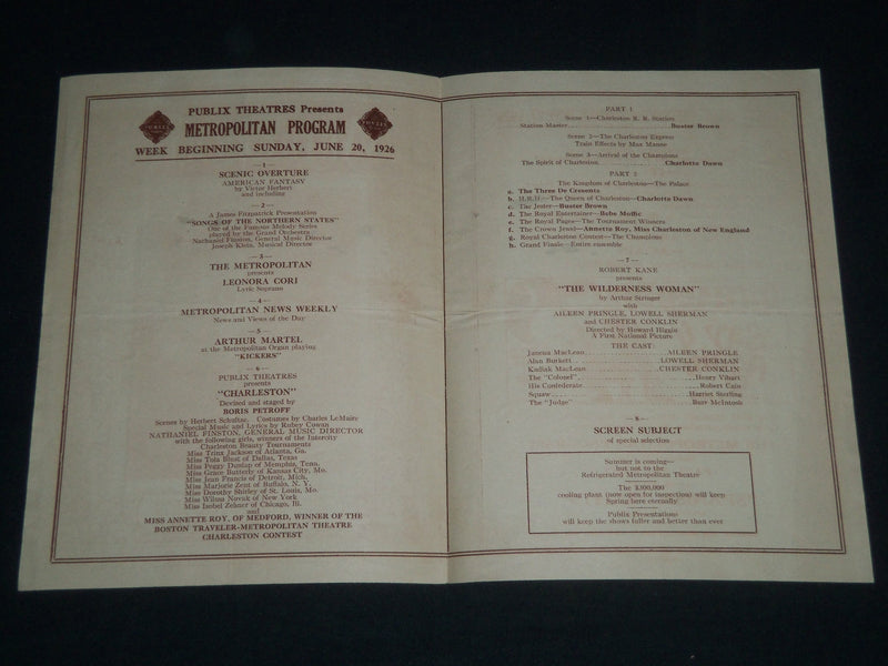 1926 JUNE 20 THE WONDER THEATRE METROPOLITAN PROGRAM - ALYCE MILLS - J 4085