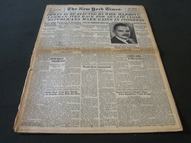 1946 NOVEMBER 6 NEW YORK TIMES - DEWEY IS RE-ELECTED BY WIDE MAJORITY - NT 5914