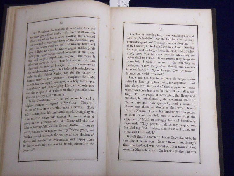 1852 HON. HENRY CLAY OBITUARY ADDRESSES HARDCOVER BOOK - KD 3867F
