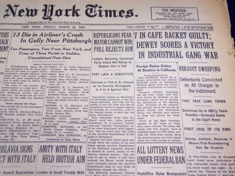 1937 MARCH 26 NEW YORK TIMES - 7 IN CAFE RACKET GUILTY DEWEY - VICTORY - NT 1283