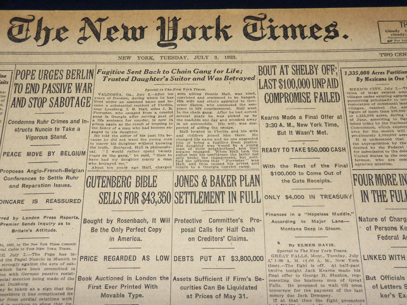 1923 JULY 3 NEW YORK TIMES NEWSPAPER - BOUT AT SHELBY OFF - NT 7736
