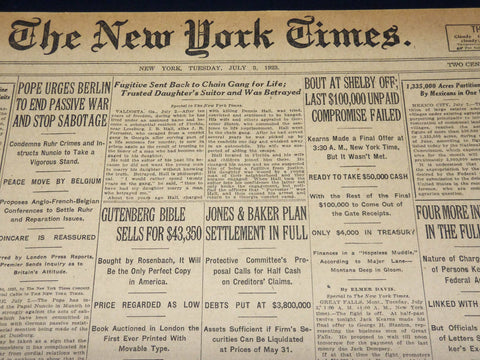 1923 JULY 3 NEW YORK TIMES NEWSPAPER - BOUT AT SHELBY OFF - NT 7736