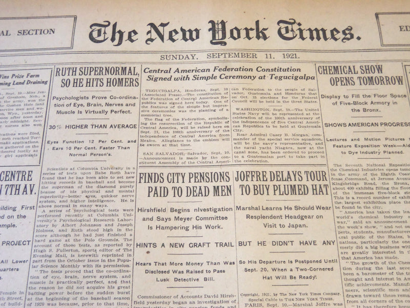 1921 SEPT 11 NEW YORK TIMES - RUTH SUPER NORMAL SO HE HITS HOMERS - NT 6492