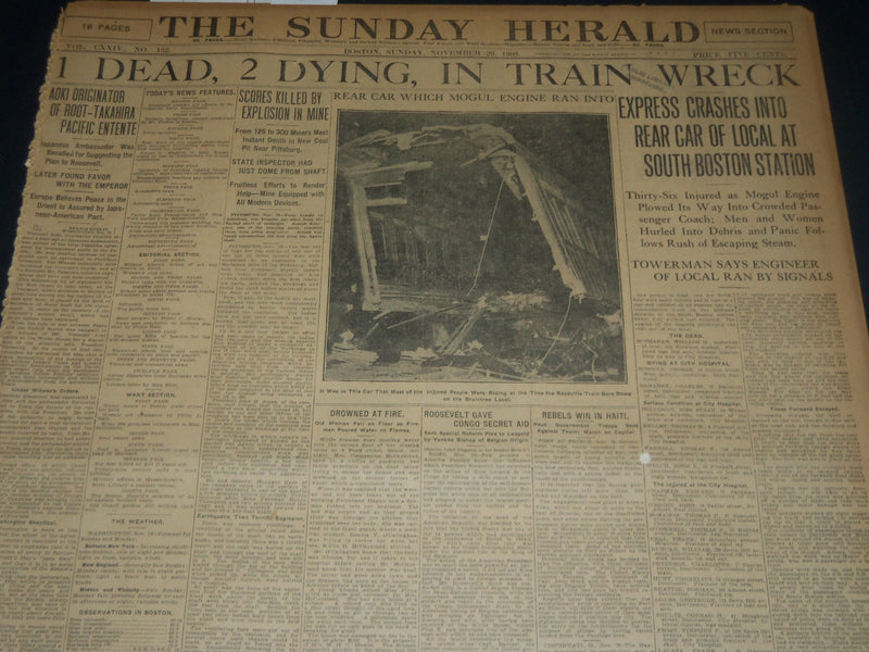 1908 NOVEMBER 29 THE BOSTON HERALD -TRAIN WRECK AT SOUTH BOSTON STATION - BH 216