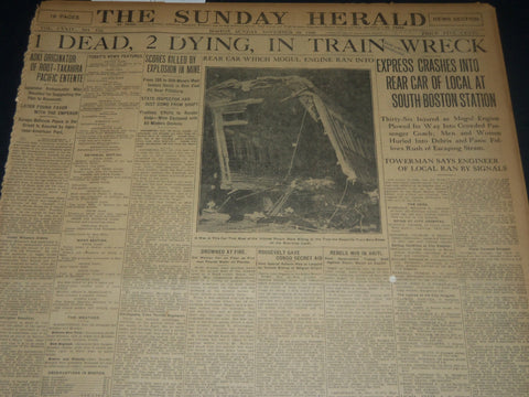 1908 NOVEMBER 29 THE BOSTON HERALD -TRAIN WRECK AT SOUTH BOSTON STATION - BH 216