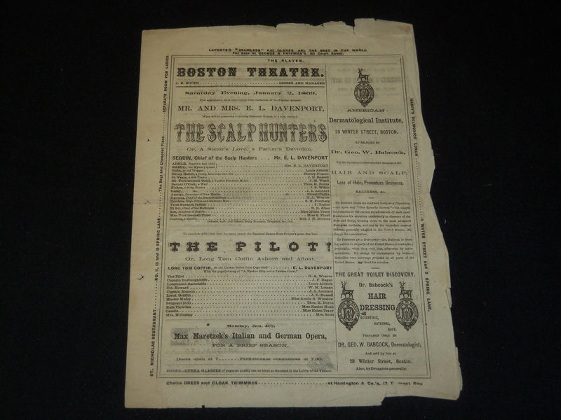 1869 JANUARY 2 BOSTON THEATRE ANNOUNCEMENT - SCALP HUNTERS - DAVENPORT - J 5393