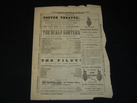 1869 JANUARY 2 BOSTON THEATRE ANNOUNCEMENT - SCALP HUNTERS - DAVENPORT - J 5393