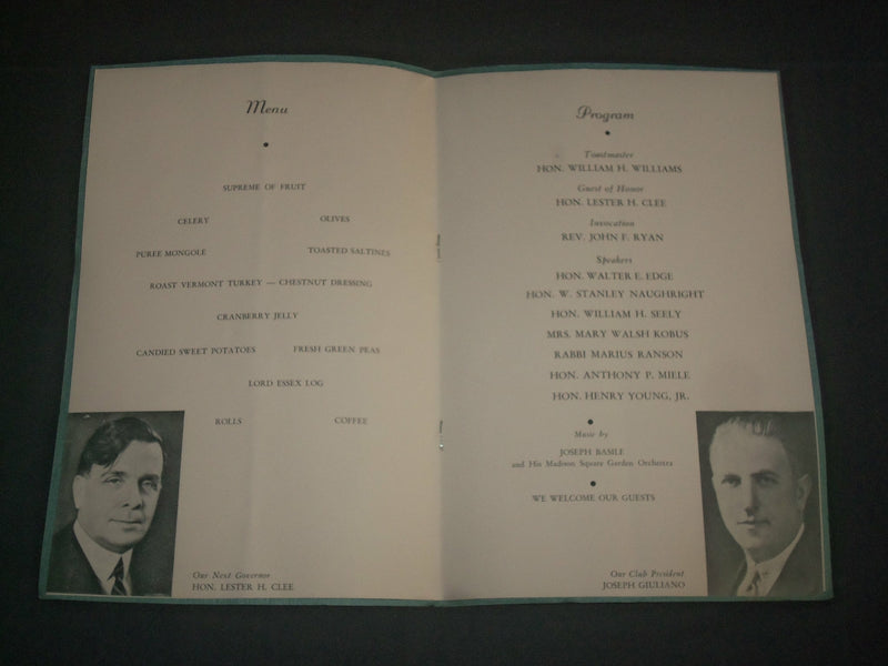 1937 WALTER EDGE REPUBLICAN CLUB DINNER PROGRAM - NEWARK NEW JERSEY - J 3957