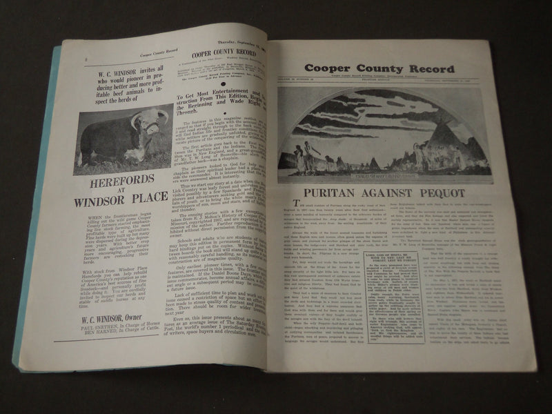 1939 SEPTEMBER 1 COOPER COUNTY RECORD NEWSPAPER - DANIEL BOONE DAYS - NP 2886