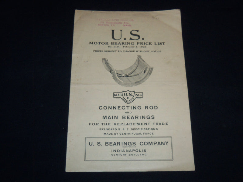 1923 U. S. MOTOR BEARING PRICE LIST NO. 110 - CONNECTING ROD & MAIN - J 9022