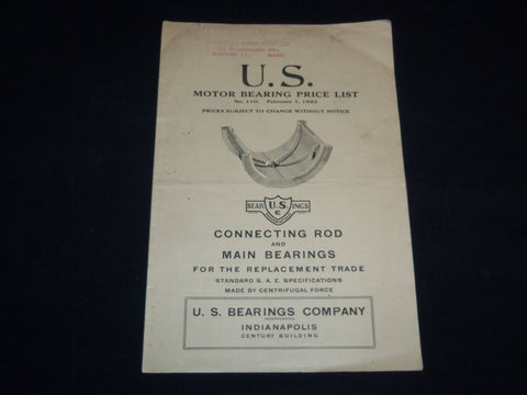 1923 U. S. MOTOR BEARING PRICE LIST NO. 110 - CONNECTING ROD & MAIN - J 9022