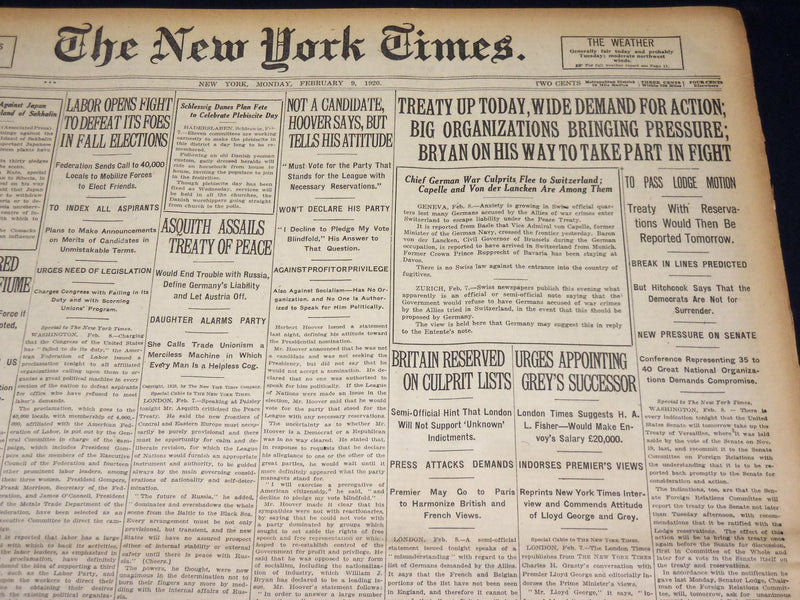 1920 FEBRUARY 9 NEW YORK TIMES - TREATY UP TODAY WIDE DEMAND FOR ACTION- NT 7865