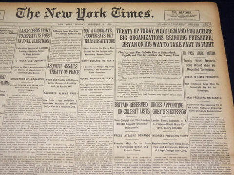 1920 FEBRUARY 9 NEW YORK TIMES - TREATY UP TODAY WIDE DEMAND FOR ACTION- NT 7865