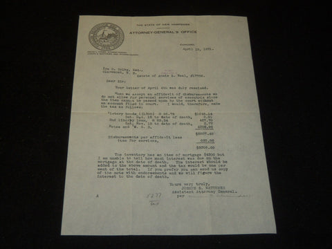 1921 NEW HAMPSHIRE ATTORNEY GENERAL'S OFFICE TYPED LETTER - J 5367