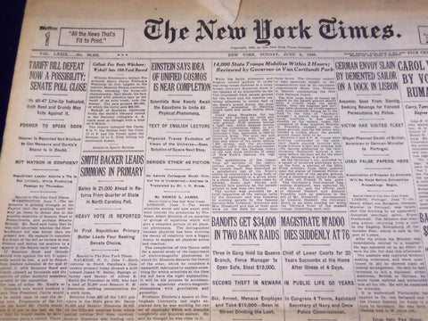 1930 JUNE 8 NEW YORK TIMES - EINSTEIN SAYS IDEA UNIFIED COSMOS COMPLETE- NT 1666