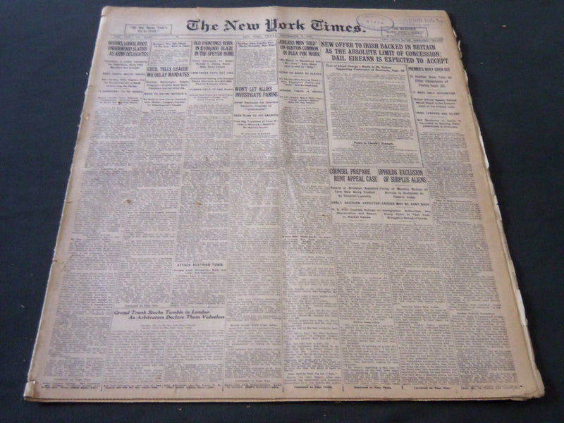 1921 SEPTEMBER 9 NEW YORK TIMES - OIL PAINTING BURN IN THE SPEYER HOME - NT 5478