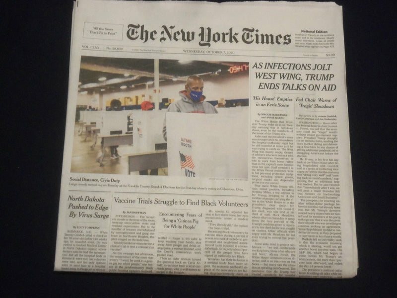 2020 OCTOBER 7 NEW YORK TIMES-AS INFECTIONS JOLT WEST WING, TRUMP ENDS AID TALKS