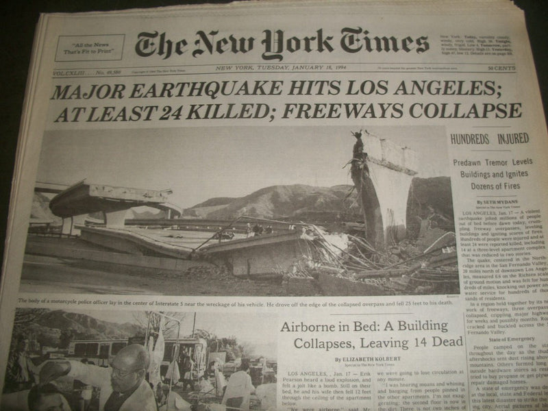 1994 JAN 18 NEW YORK TIMES NEWSPAPER - EARTHQUAKE HITS LOS ANGELES - NP 1181