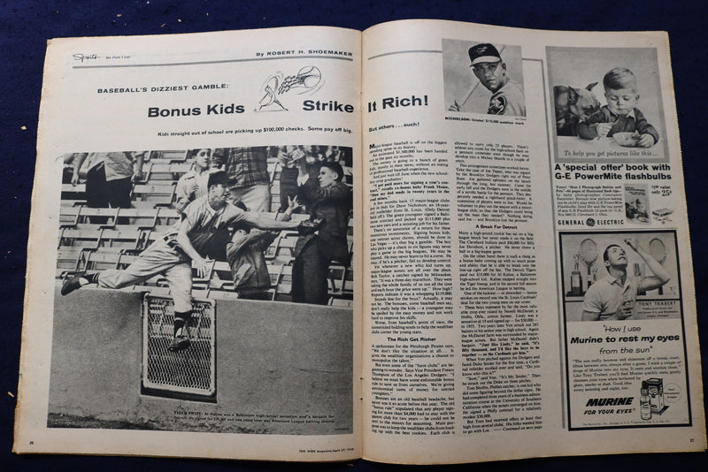 1958 APR 27 THIS WEEK MAGAZINE - LINDY & VON MCDANIEL - BASEBALL COVER - E 22915