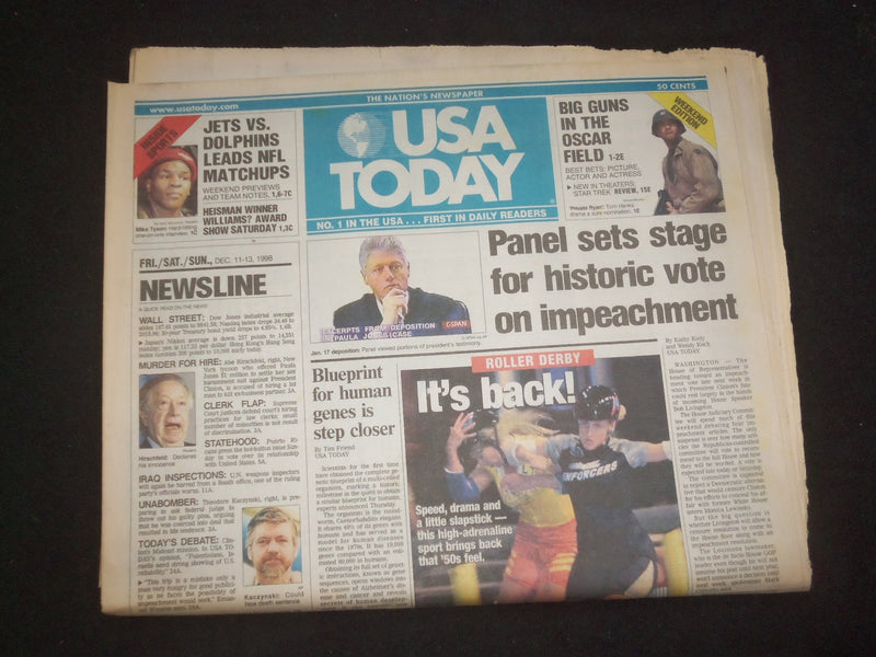 1998 DECEMBER 11-13 USA TODAY NEWSPAPER - HISTORIC VOTE ON IMPEACHMENT - NP 7975