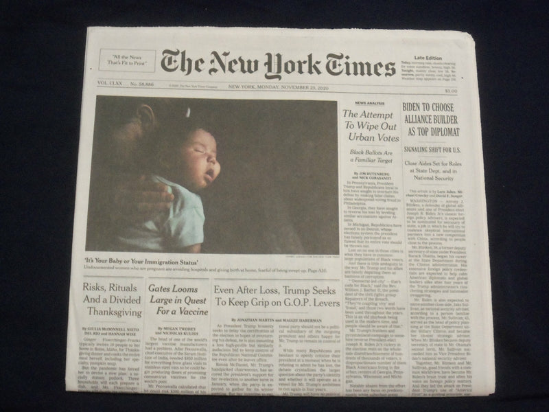 2020 NOVEMBER 23 NEW YORK TIMES-BIDEN TO CHOOSE ALLIANCE BUILDER AS TOP DIPLOMAT