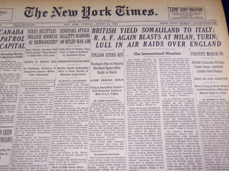 1940 AUGUST 20 NEW YORK TIMES - BRITISH YIELD SOMALILAND TO ITALY - NT 2562